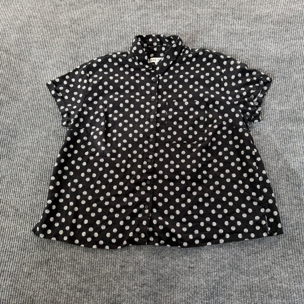 Ava & Viv Womens 1X Short Sleeve Button Down Shirt Black Seashell Linen Blend